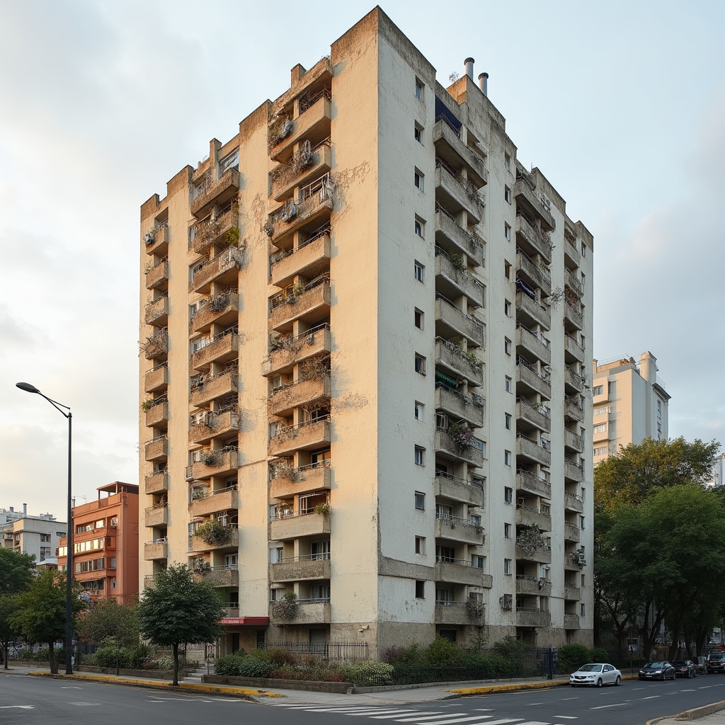 Wide view of multi-story residential building facade showing age-related deterioration