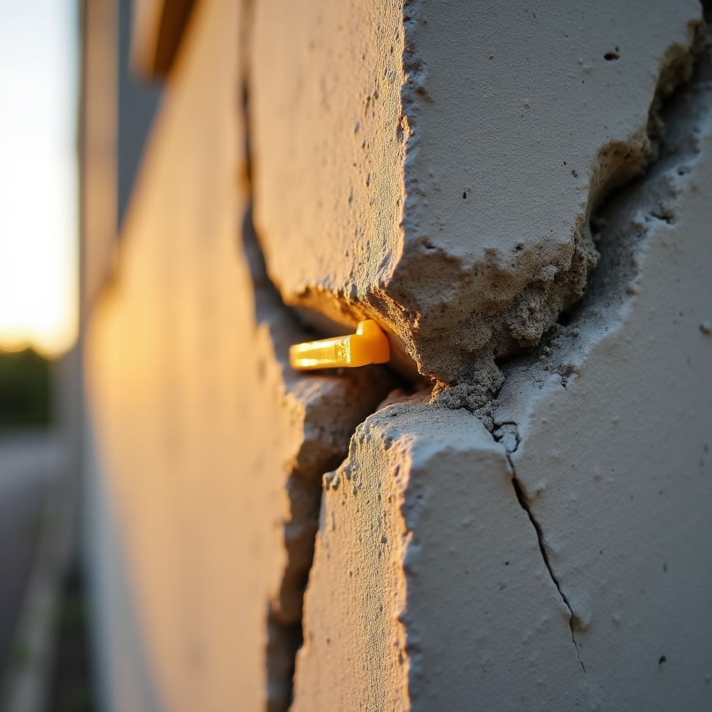 Close-up of facade crack with measurement scale