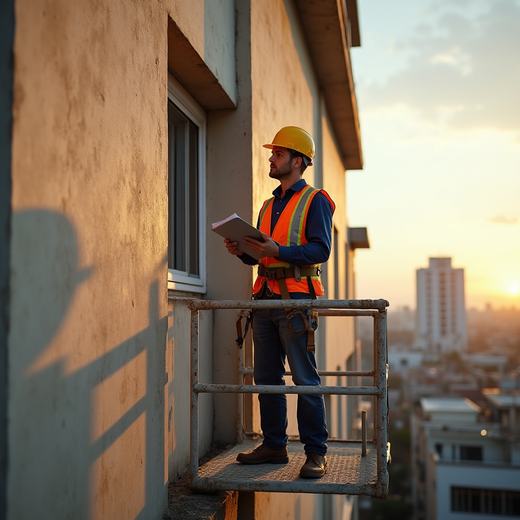 Technician on suspended platform inspecting building facade