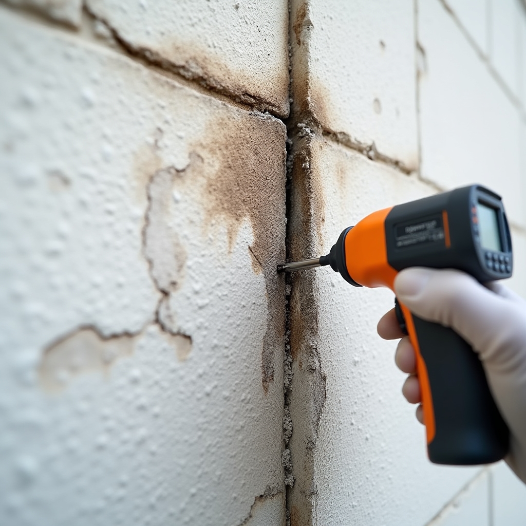 Technician documenting humidity stains on building exterior wall