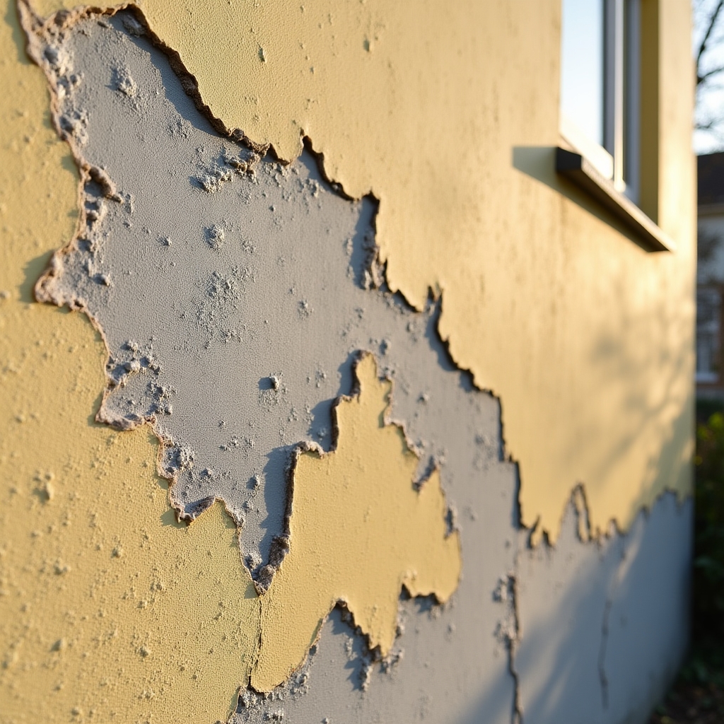 Peeling paint on sun-exposed building facade surface