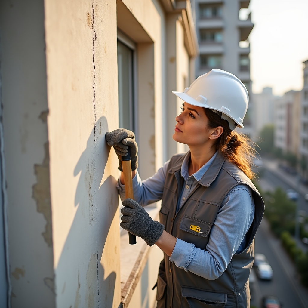 Inspector examining render surface on building facade
