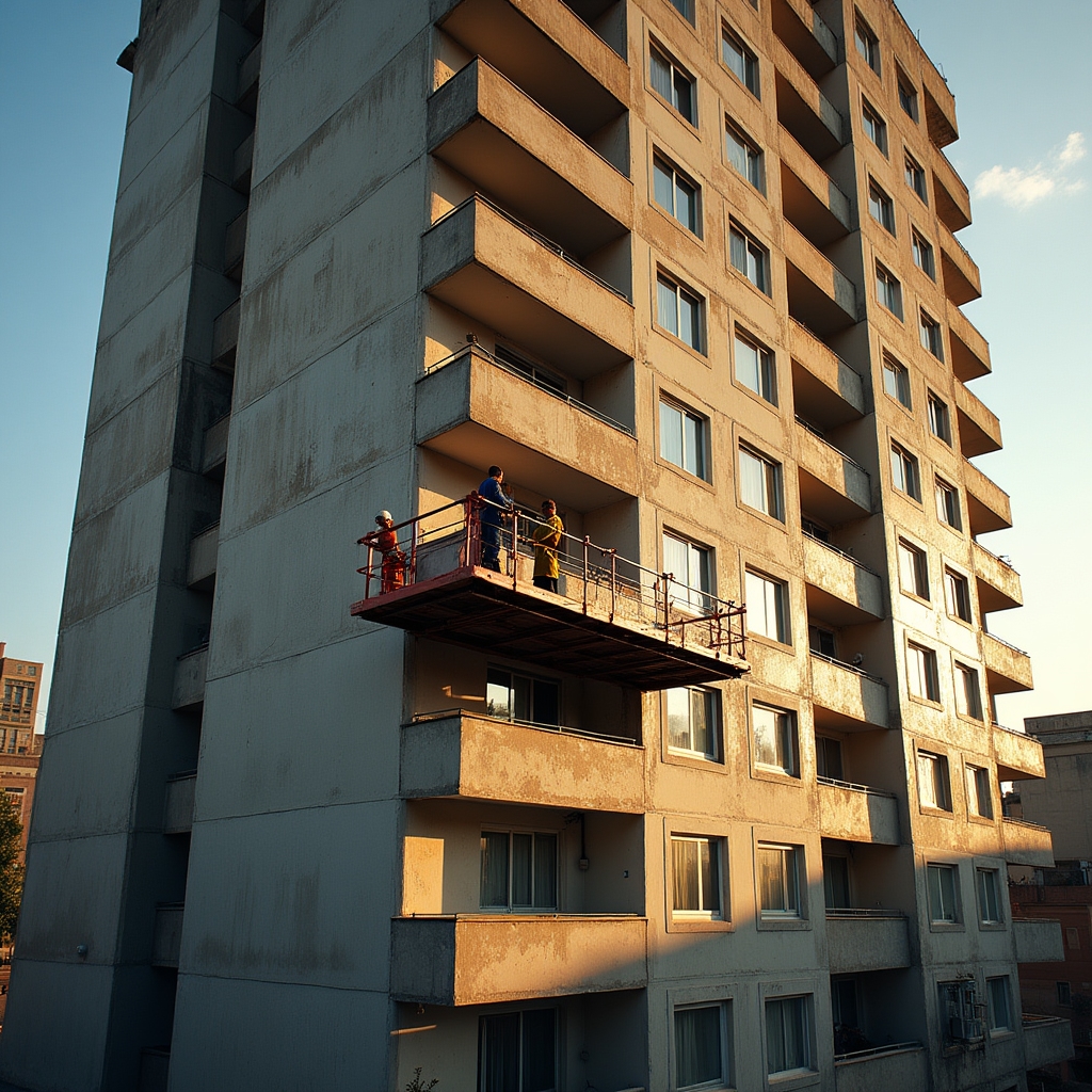 Workers on suspended platform at high elevation on building facade