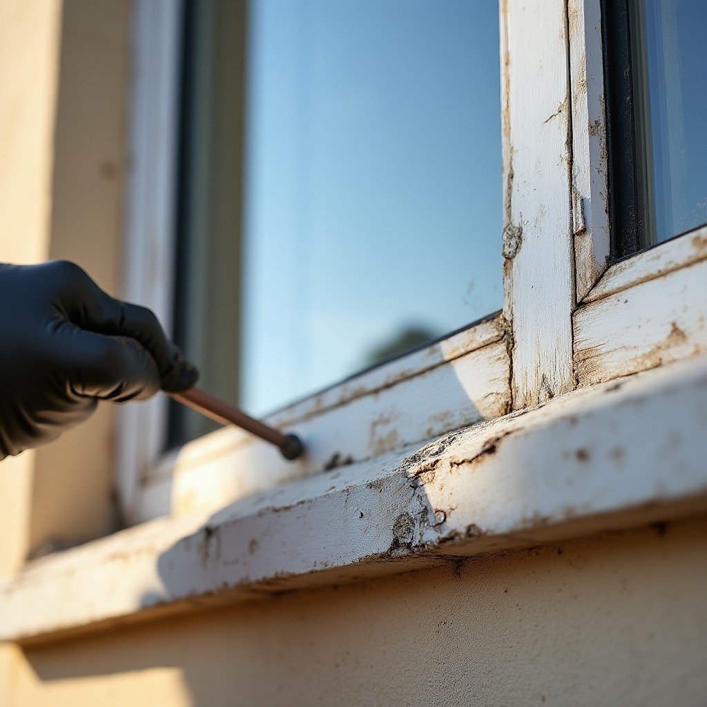 Close inspection of window frame sealant condition on multi-story building